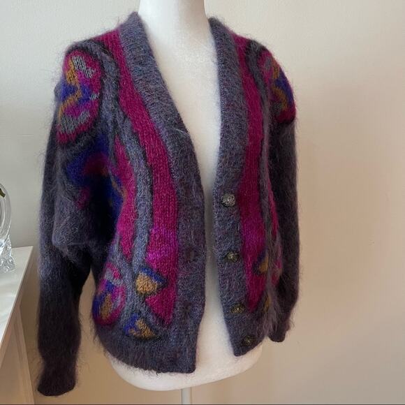 Vintage Art to Wear Mohair Blend Chunky Abstract Knit Cardigan Sweater - Picture 2 of 4